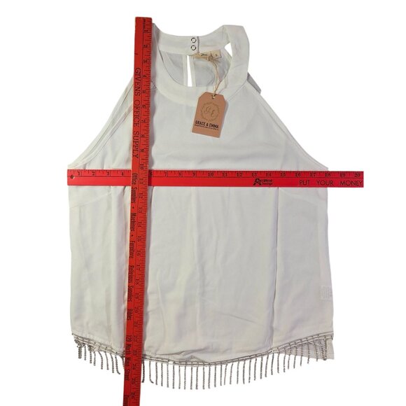 GRACE & EMMA White Halter Top Rhinestone Fringe Light Weight Womens Small New - Picture 8 of 10